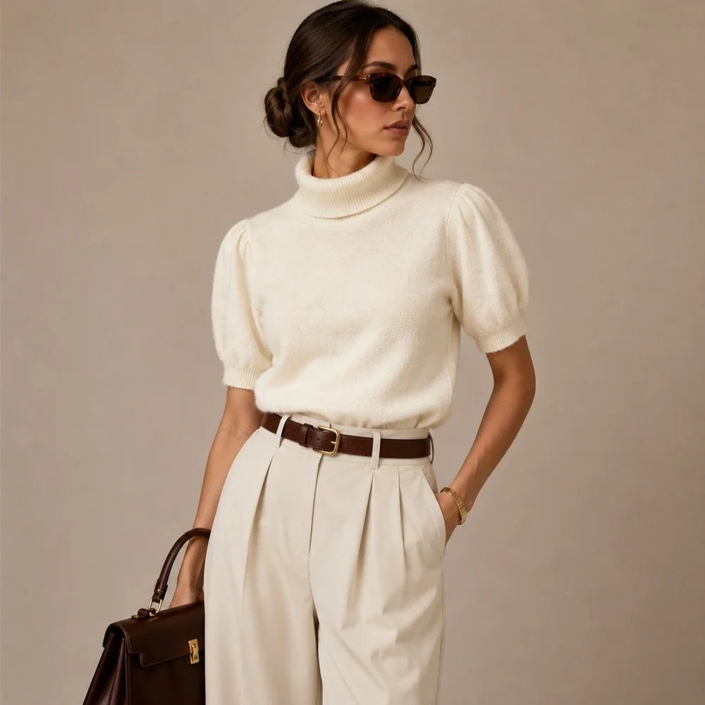 Cream Angora Lambswool Puff Sleeve Mock Neck Sweater Vintage 80s S Preppy Lux